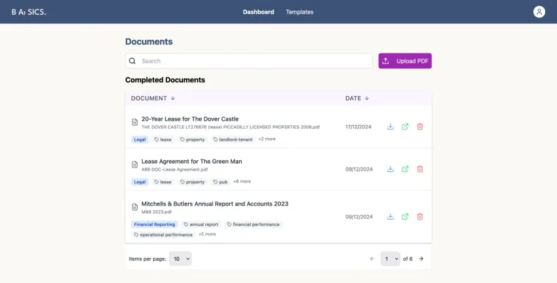 BAiSICS document management dashboard