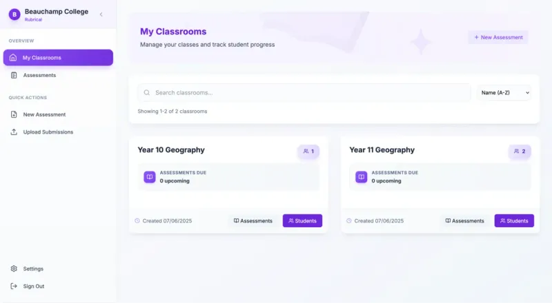 Rubrical classroom management interface