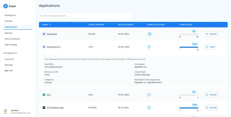 Application compliance monitoring interface